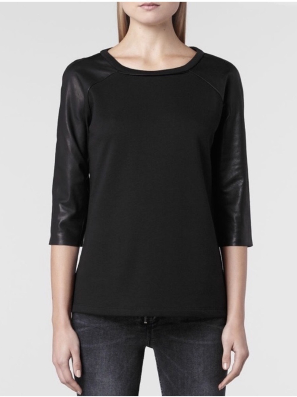 All Saints Black Leather Sleeve Pullover Baseball Sweatshirt/Top Size 2